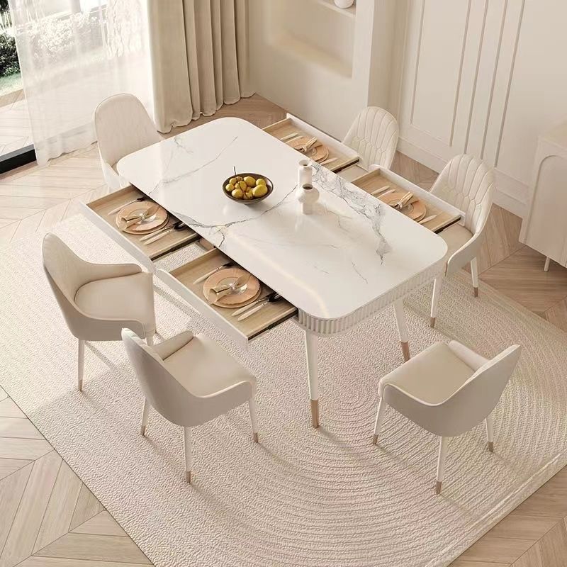 【限時優惠】輕奢亮光巖板餐桌家用設計師款奶油風餐桌臺高端長方形餐桌椅組合