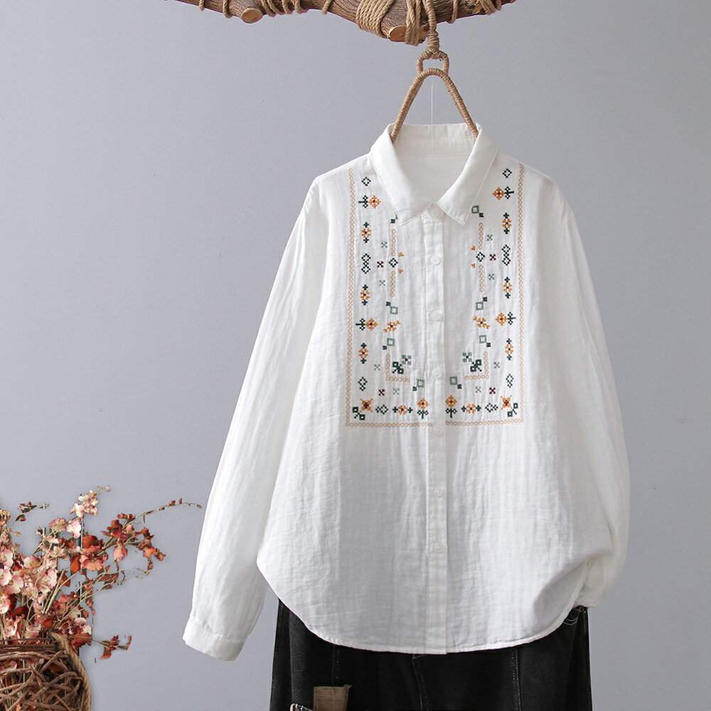＊ORead＊日系文藝範幾何花朵刺繡棉紗長袖襯衫(白色M~L)【限定加碼✿全館滿額再折】