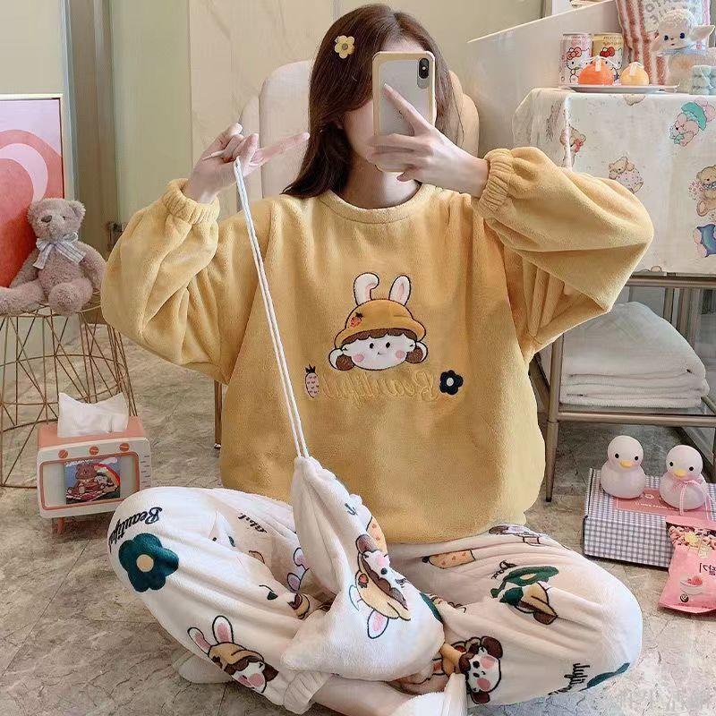 睡衣女秋冬加厚法蘭絨布袋睡衣學生卡通韓版寬松大碼家居服套裝