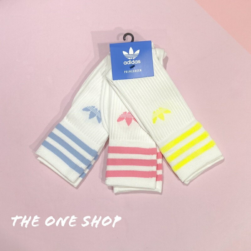 TheOneShop adidas 愛迪達 襪子 長襪 長筒襪 運動襪 白襪 條紋 三葉草 白色 粉藍黃 H32329