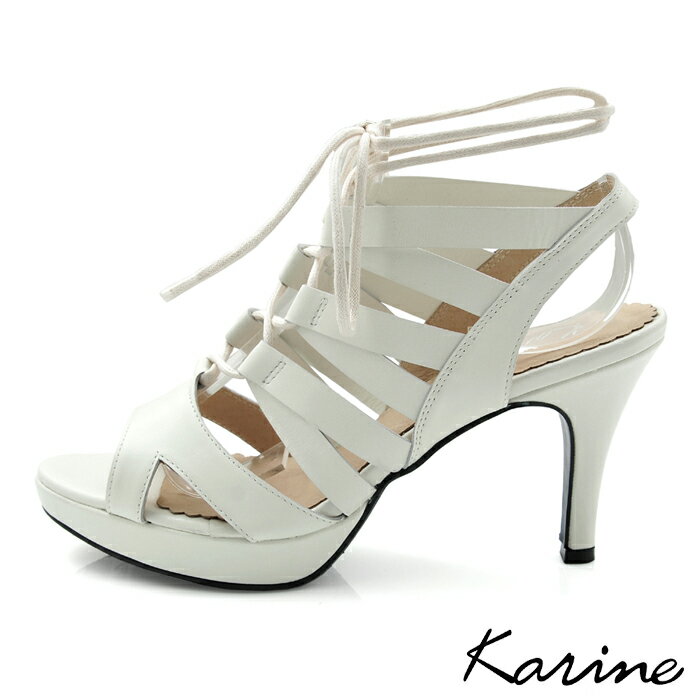karine(MIT台灣製)全真皮羅馬繞帶高跟涼鞋-白色