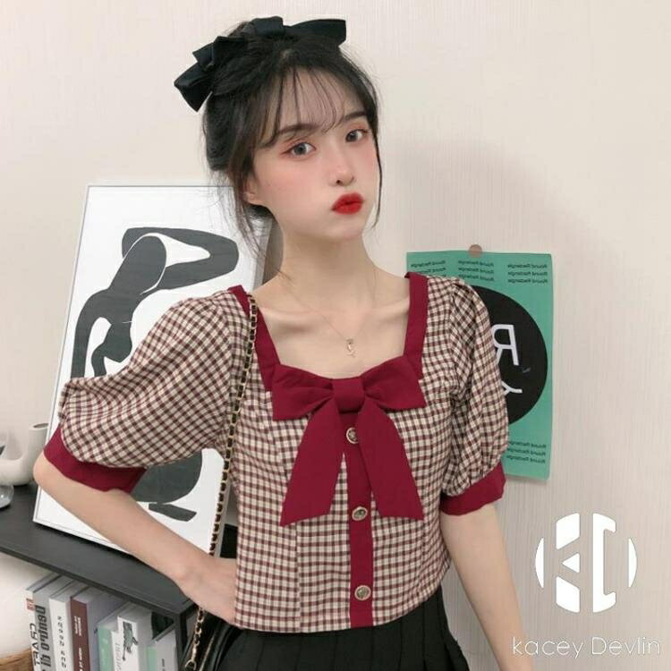 格子襯衫女夏季短袖方領短款泡泡袖上衣【聚物優品】