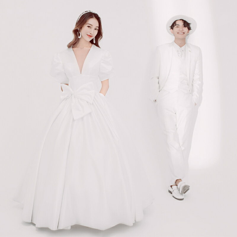 影樓主題婚紗新款韓版高端拖尾白紗禮服外景旅拍情侶寫真攝影服裝