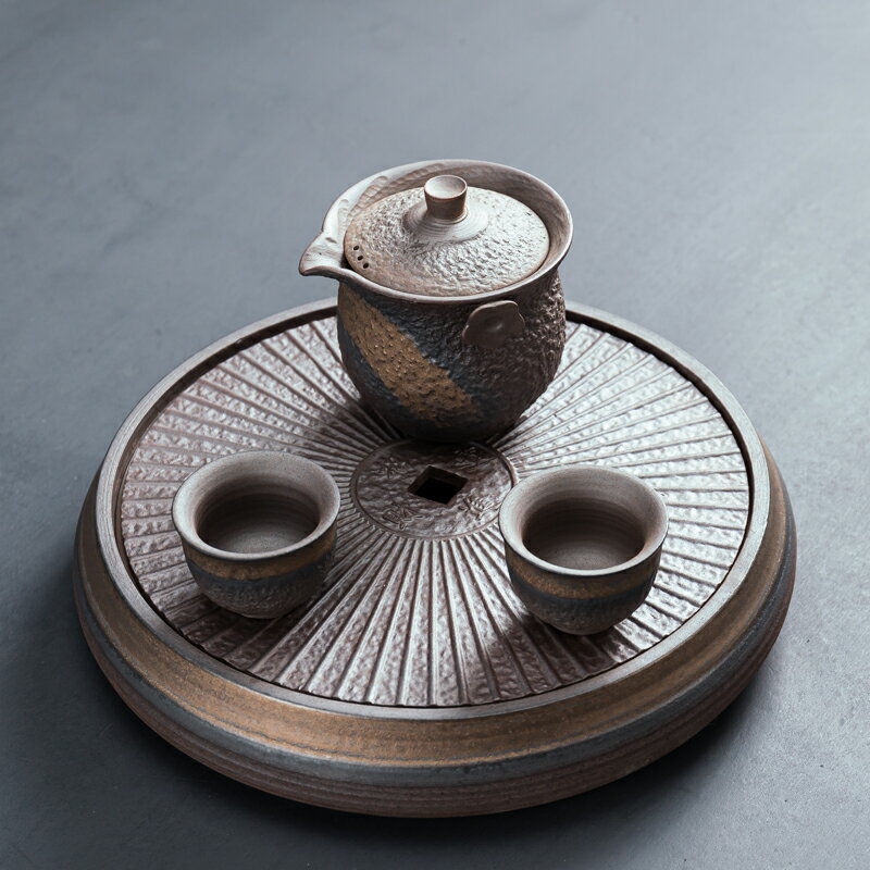粗陶小套裝一壺兩杯二人功夫茶具陶瓷家用簡約辦公泡茶壺帶茶盤