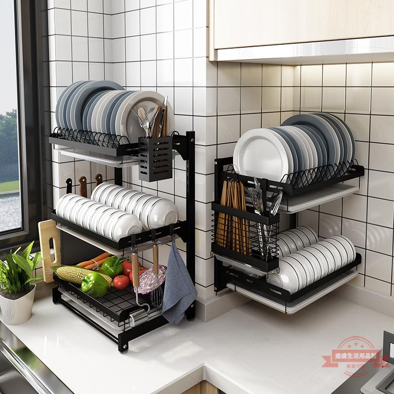 不銹鋼廚房置物架 卡扣可自由調節雙層瀝水碗碟架 臺面碗筷收納架