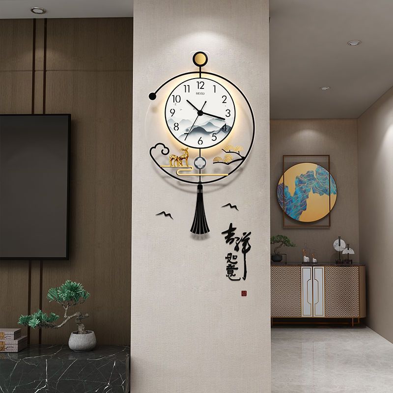 新中式鐘表掛鐘客廳家用時尚新款創意壁掛時鐘燈裝飾掛墻大氣「限時特惠」