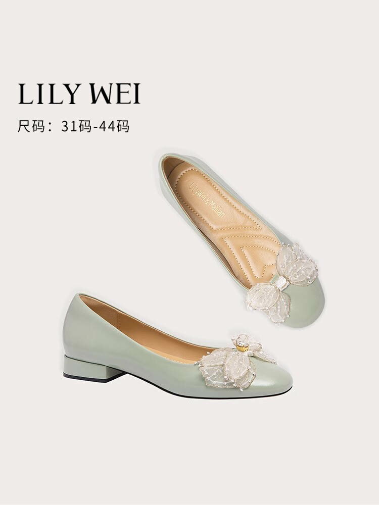 Lily Wei2024年新款低跟圓頭單鞋時尚一腳蹬舒適女鞋42大碼41-43