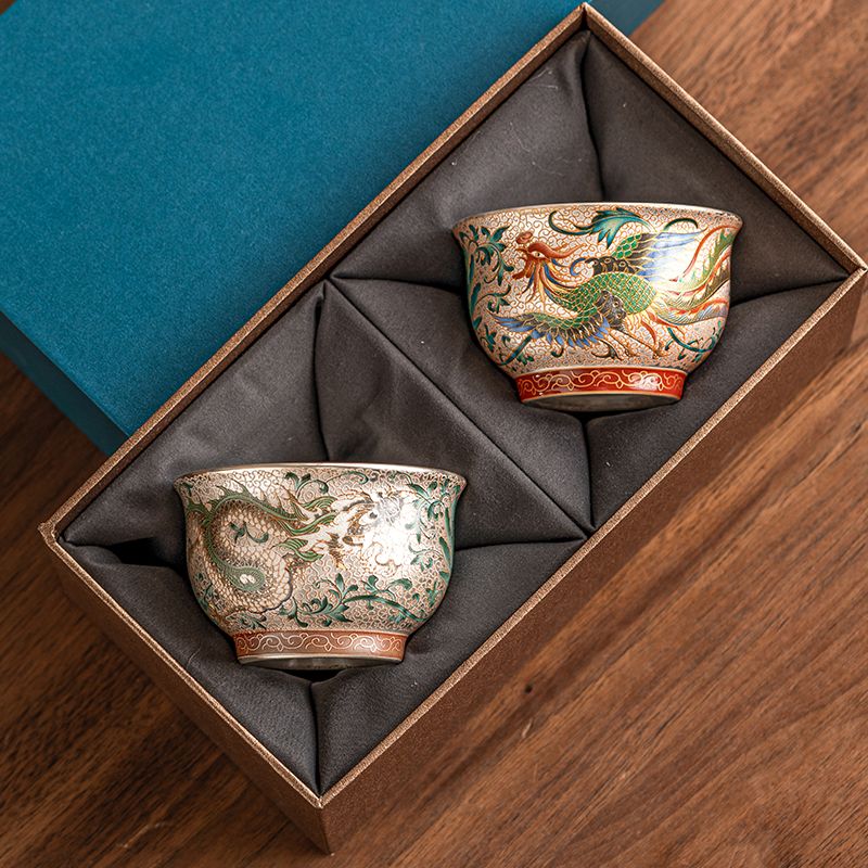 免運 茶杯 茶具 功夫茶具 禮物 交換禮物 龍鳳呈祥情侶對杯999鎏銀茶杯主人杯輕奢高檔喝茶品茗杯茶具禮盒 八折下殺 特價出 可開發票