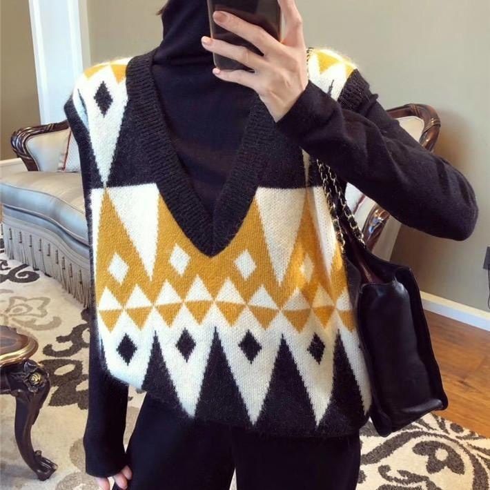 針織馬甲百搭V領套頭無袖毛衣馬夾菱格外穿針織背心【淘夢屋】