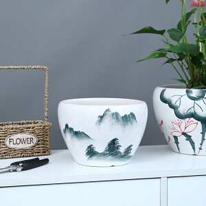中國風寫意畫蘋果型陶瓷花盆家用擺放綠蘿白掌花卉綠植特大號包郵