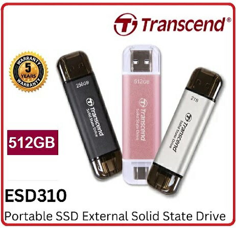 Transcend 創見 ESD310 512GB USB3.2 雙介面固態行動碟 櫻花粉TS512GSD310P / 太空灰TS512GESD310C / 極光銀TS512GESD310S