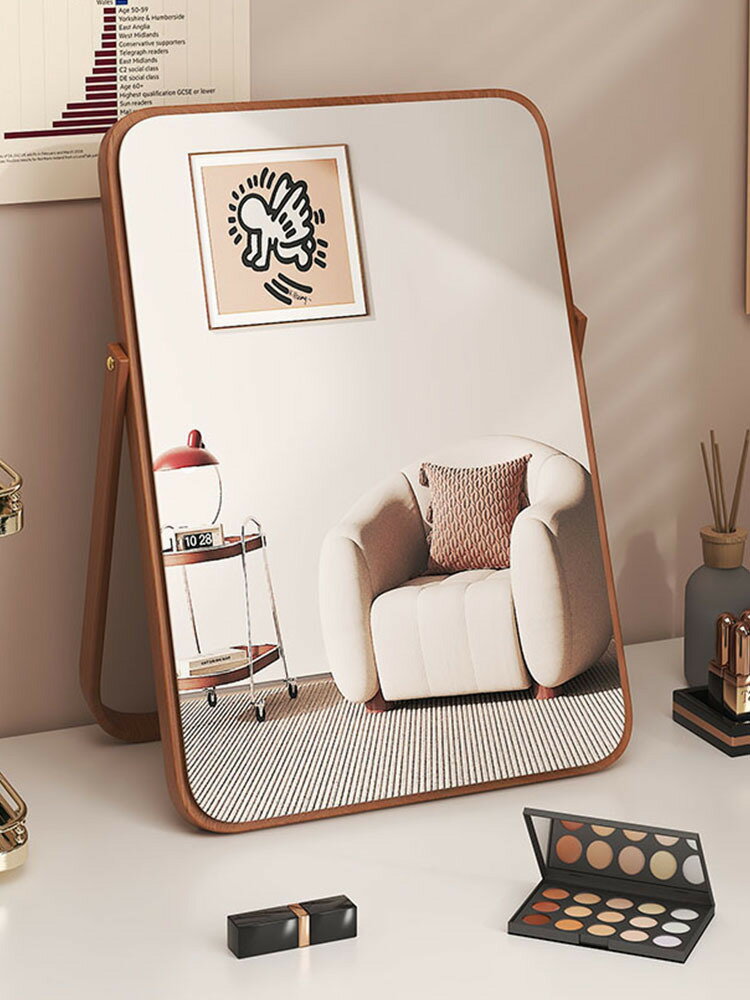 簡約實木化妝鏡家用桌面大號可折疊梳妝鏡辦公室小型便攜臺式鏡子