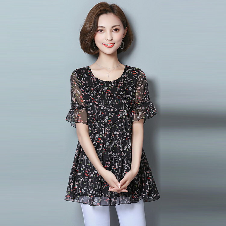 FINDSENSE G5 韓國時尚 夏季 女裝 大尺碼 寬鬆 碎花 雪紡衫 短袖 上衣 打底衫