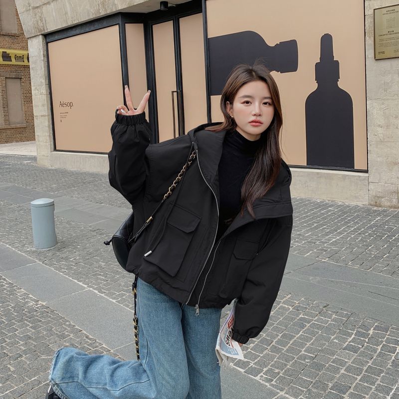 連帽工裝短款派克服女2025冬季新款時尚小個子加絨加厚棉服外套潮-享樂