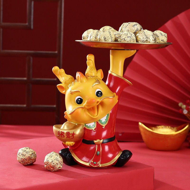 招財貓擺件 新年創意生肖龍擺件桌面玄關收納托盤龍年吉祥物卡通瑞獸龍新年款交換禮物