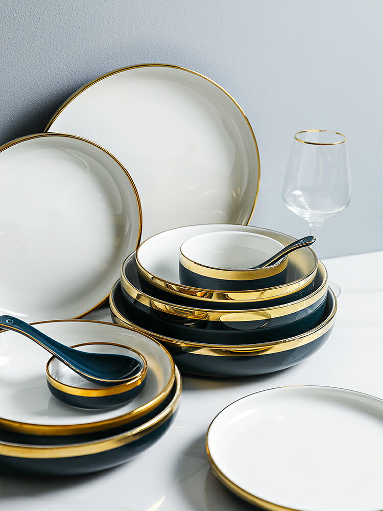 星藍 歐式金邊餐具 家用復古陶瓷碗碟米飯碗湯碗西餐牛排盤子