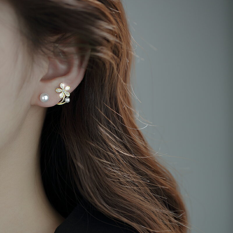 925純銀耳釘女珍珠耳環精致花朵后掛式設計感韓版輕奢高級感耳飾