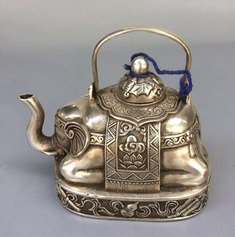 古玩古董銅器收藏 白銅黃銅鍍銀 銅酒壺水壺 吉祥八寶壺 大象茶壺