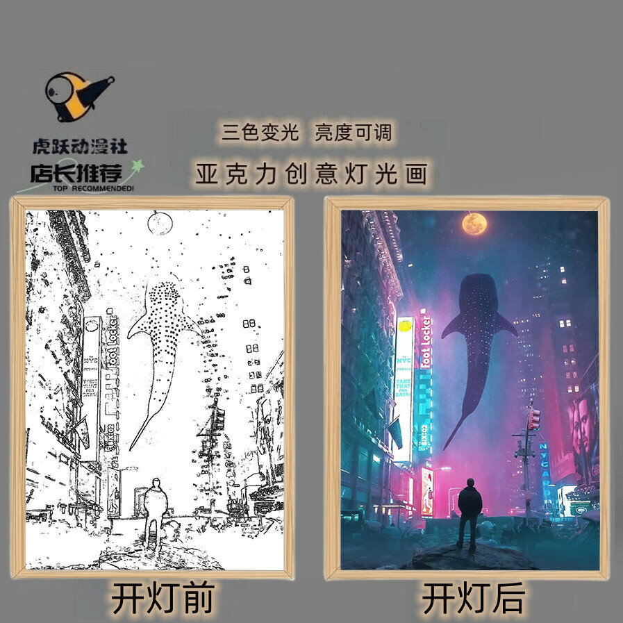 【來圖定製】LED燈光畫 A4寸USB小夜燈 賽博朋克 氛圍燈 裝飾畫 桌面擺件相框 定製照片 鏡子燈光畫 diy禮物