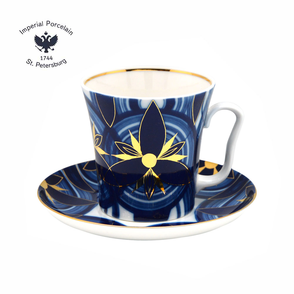 俄羅斯 Imperial Porcelain 藍調圖騰-22K金手工350ML馬克杯盤組