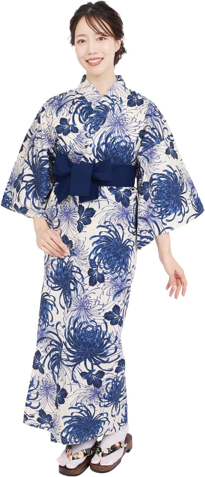 Fuuka【日本代購】旅館單品亞麻浴衣女士業務用溫泉 和式浴衣+束腰帶2件套- 藍華雅菊