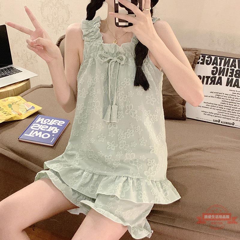 夏季新款睡衣女四面泡泡提花蝴蝶結吊帶短褲甜美可外穿家居服套裝