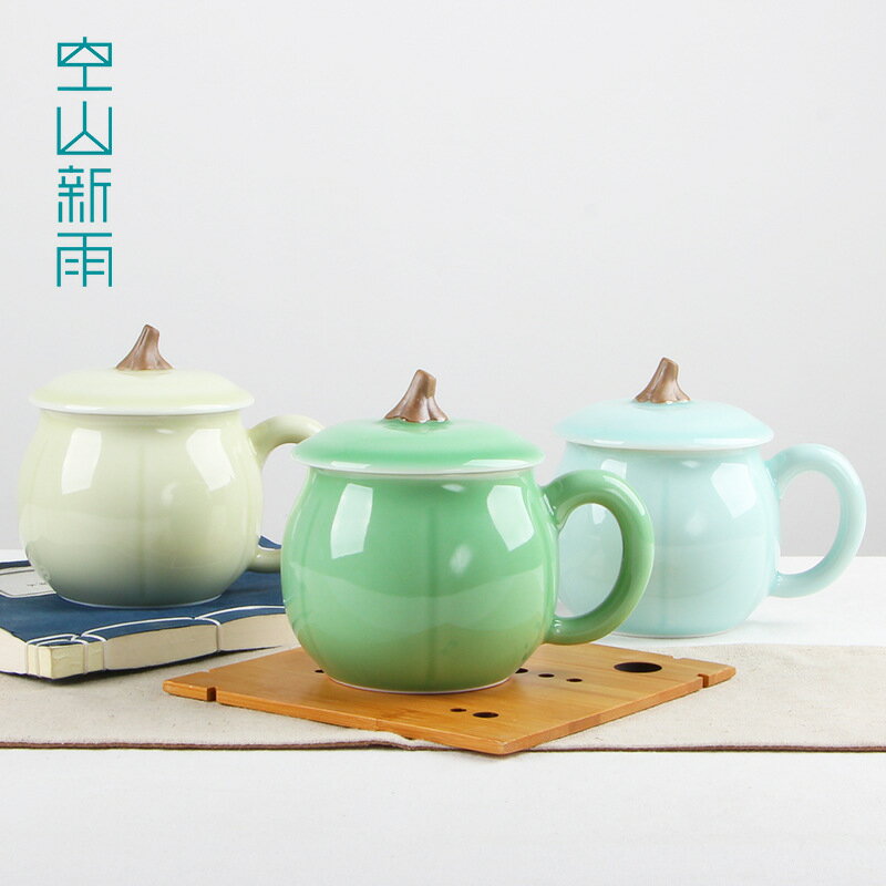 龍泉青瓷茶杯 創意隨手帶蓋中式水杯 陶瓷節日禮品杯子雕刻