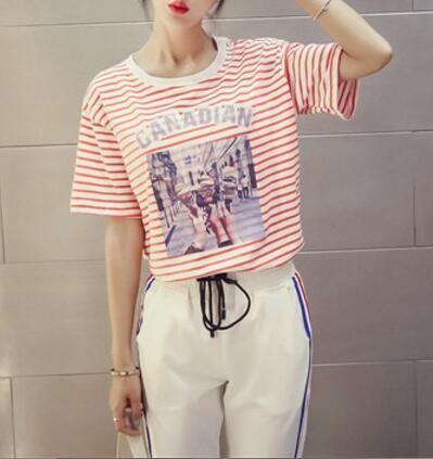 FINDSENSE MD 韓國時尚 女 寬鬆 字母圖案印花 條紋 圓領T恤 短袖T恤 上衣