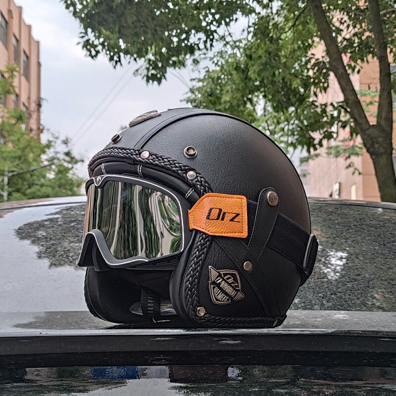3C認證哈雷摩托車復古頭盔男女機車安全帽手工皮革3/4盔電動車帽