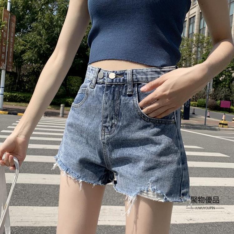 女生牛仔褲推薦，牛仔短褲推薦到破洞牛仔短褲女夏季薄款高腰顯瘦寬鬆a字熱褲【聚物優品】