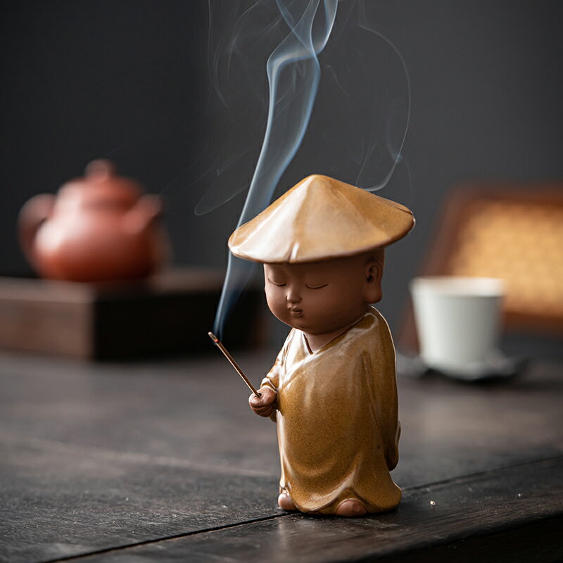 新中式創意紫砂小和尚線香插家用室內茶幾禪意可愛小沙彌茶寵擺件