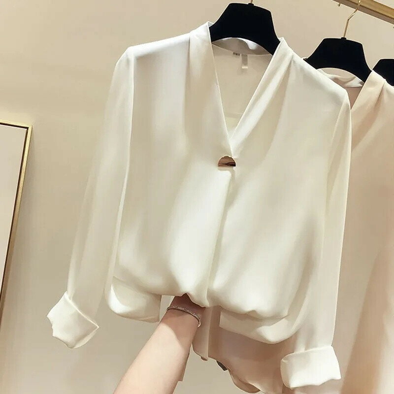 白色襯衫女 長袖襯衫 襯衫女 顯瘦襯衫 長袖上衣 上衣女 韓版上衣 白色長袖襯衫 顯瘦V領上衣 大尺碼寬鬆襯衫女