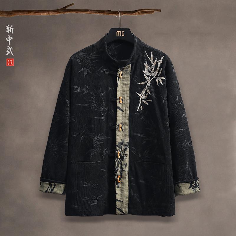 新中式秋冬燈芯絨拼色唐裝外套中國風寬松大碼刺繡中山裝夾克上衣-享樂