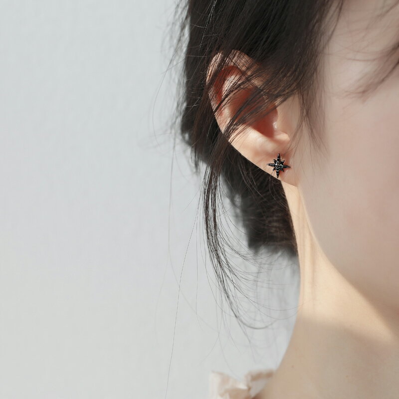 925純銀耳釘女夏年新款潮ins耳環黑色簡約氣質冷淡風耳飾
