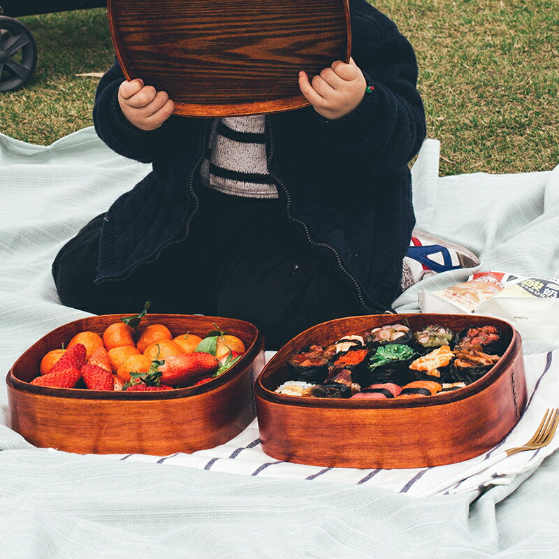 復古日式木質超大容量雙層便當盒學生水果壽司干堅果野餐收納食盒