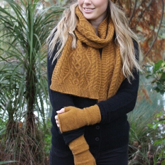 【金色】特寬華麗編織紐西蘭貂毛羊毛圍巾 手織感毛線編織圍巾保暖圍巾