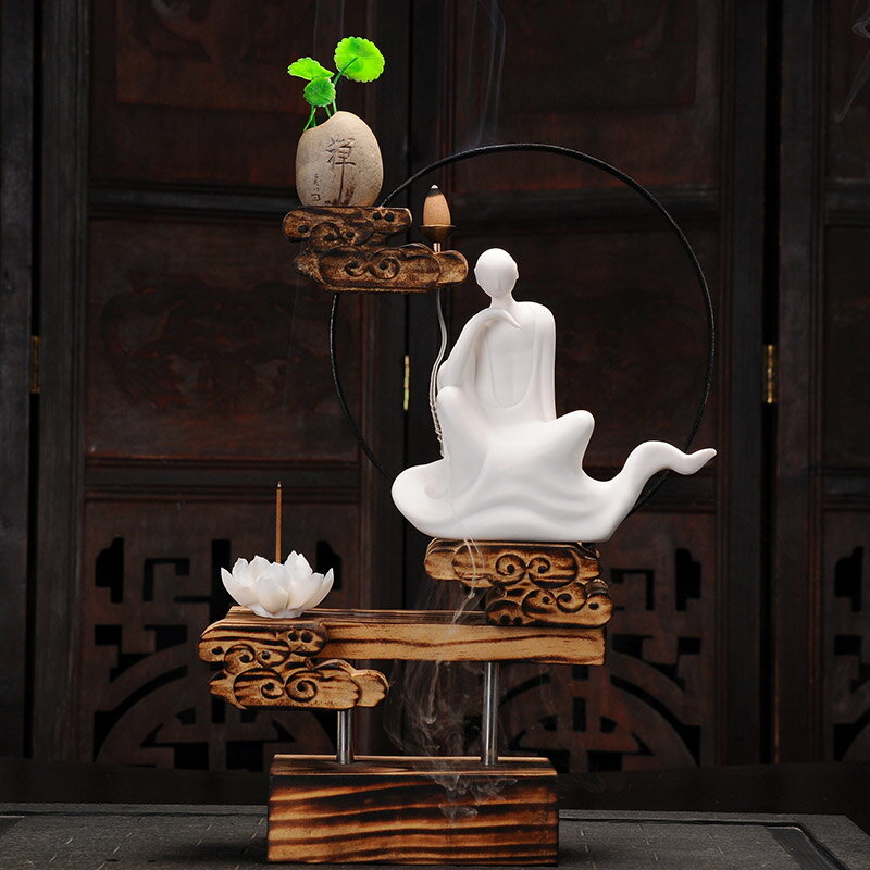 創意中式家居風化木頭陶瓷倒流香爐禪意流水擺件茶室沉香爐香薰爐
