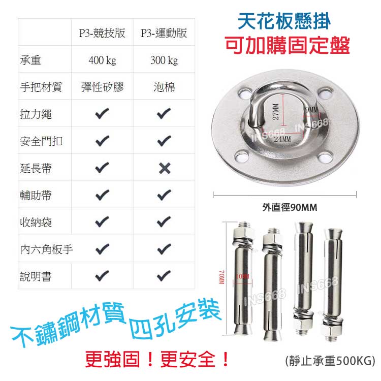 TRX訓練帶 懸掛式訓練繩 P3 競技版 懸吊系統 拉力繩 可搭配瑜珈 伏地挺身 全身雕塑 訓練核心肌群 INS668 7