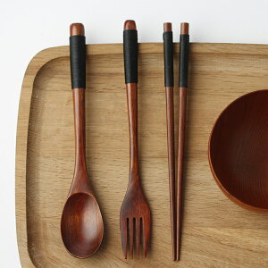 日式天然原木大勺子長柄攪拌勺家用木質筷子叉子旅行便攜餐具套裝 居家小物 生活小物