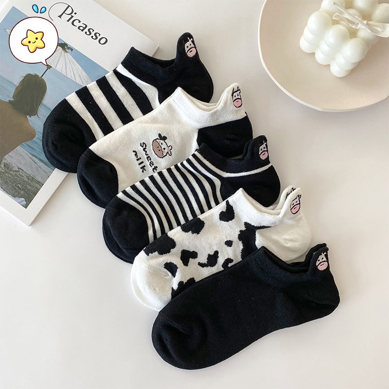 黑白刺繡襪子女ins潮短襪淺口夏季薄款韓國卡通奶牛可愛日系船襪