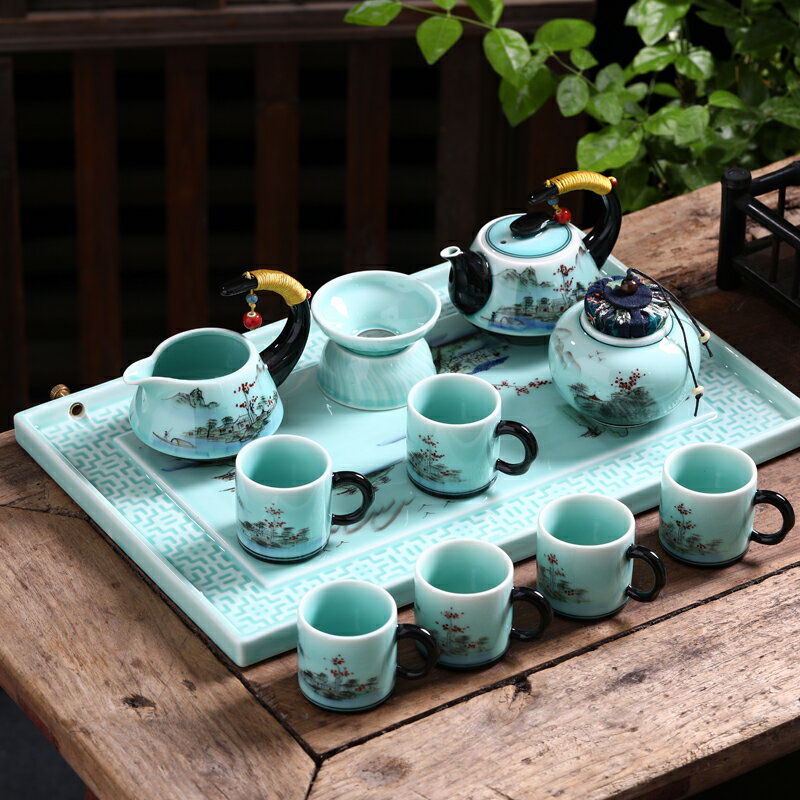 手繪青瓷功夫茶具套裝整套家用景德鎮陶瓷中式古典泡茶壺茶杯茶盤