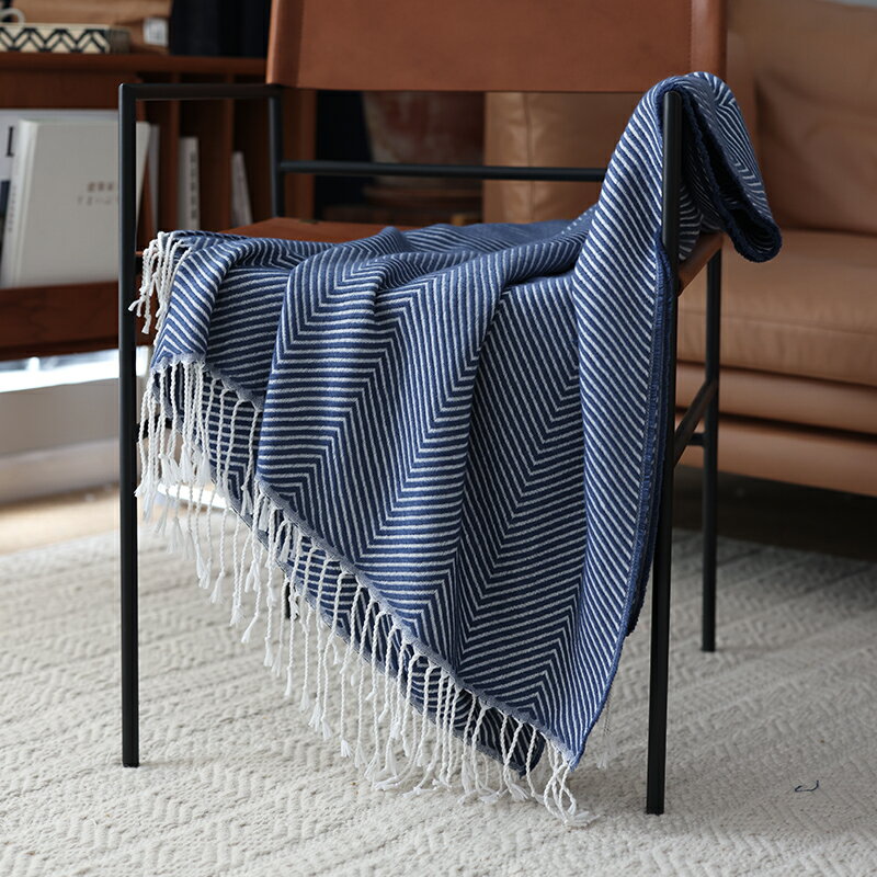 新款北歐簡約風人字紋針織藍色沙發裝飾毯休閑午睡毛毯床尾巾床旗