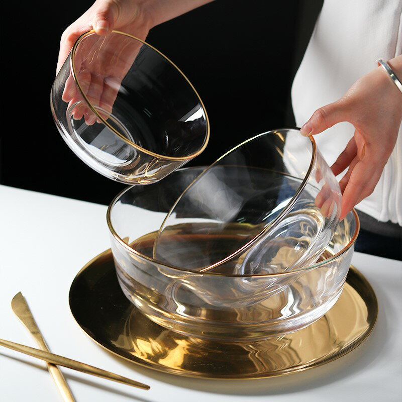 北歐金邊玻璃碗家用透明圓形網紅甜品沙拉大碗創意ins輕奢水果碗