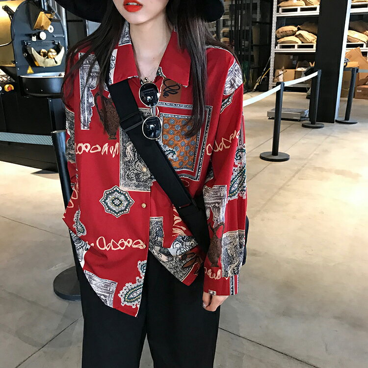 春季韓國復古港風塗鴉長袖花襯衫寬松中長款百搭襯衣外套女1入