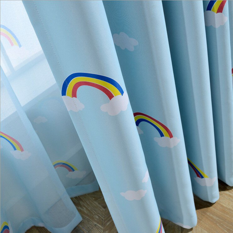 新款韓式彩虹兒童男孩女孩臥室書房遮光窗簾布紗成品定制特價包郵