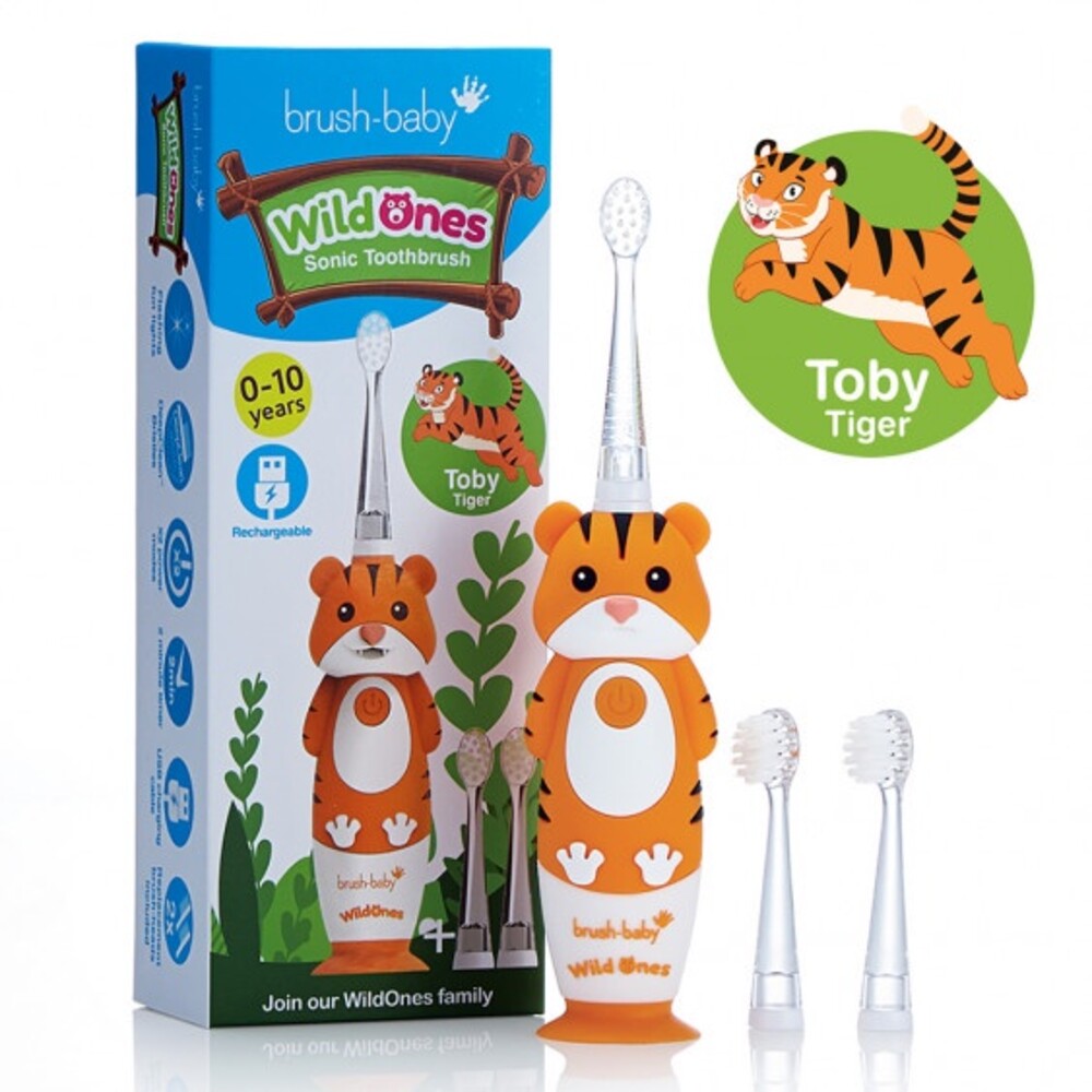 【牙齒寶寶】英國brush-baby充電式聲波電動牙刷(0-10歲/老虎-託比)