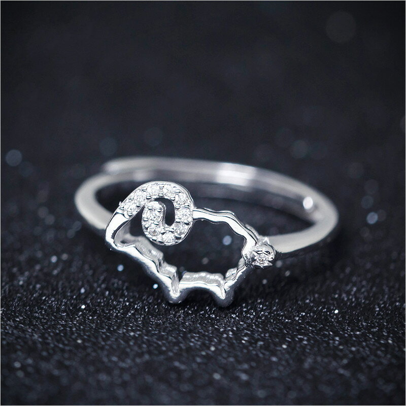 福雅軒 s925銀小羊戒指甜美可愛開口指環鑲鉆鏤空尾戒子動物飾品