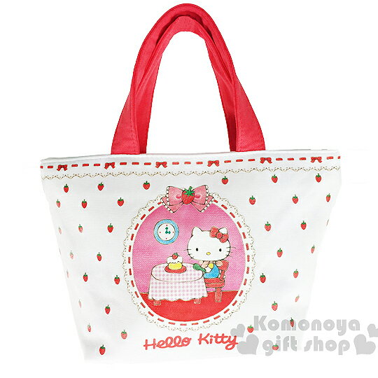 <br/><br/>  〔小禮堂〕Hello Kitty 棉質手提袋《小.坐姿.吃蛋糕.草莓》<br/><br/>