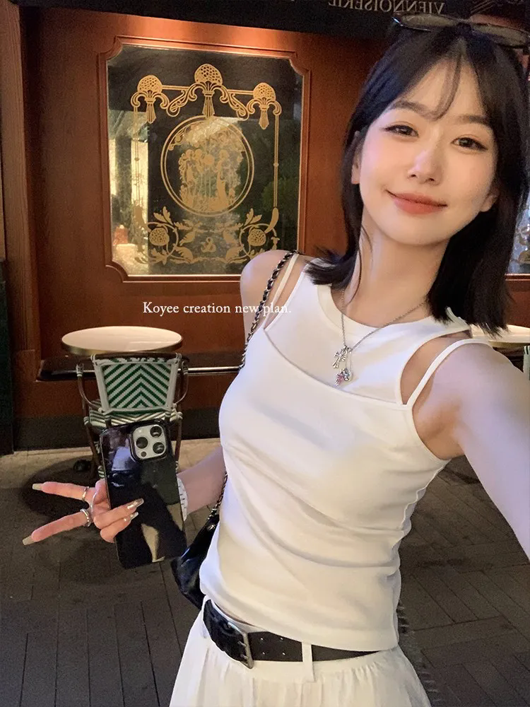 女士背心 小可愛 純欲風辣妹白色吊帶 女夏款設計感小背心 假兩件修身顯瘦上衣 女生背心【不二雜貨】