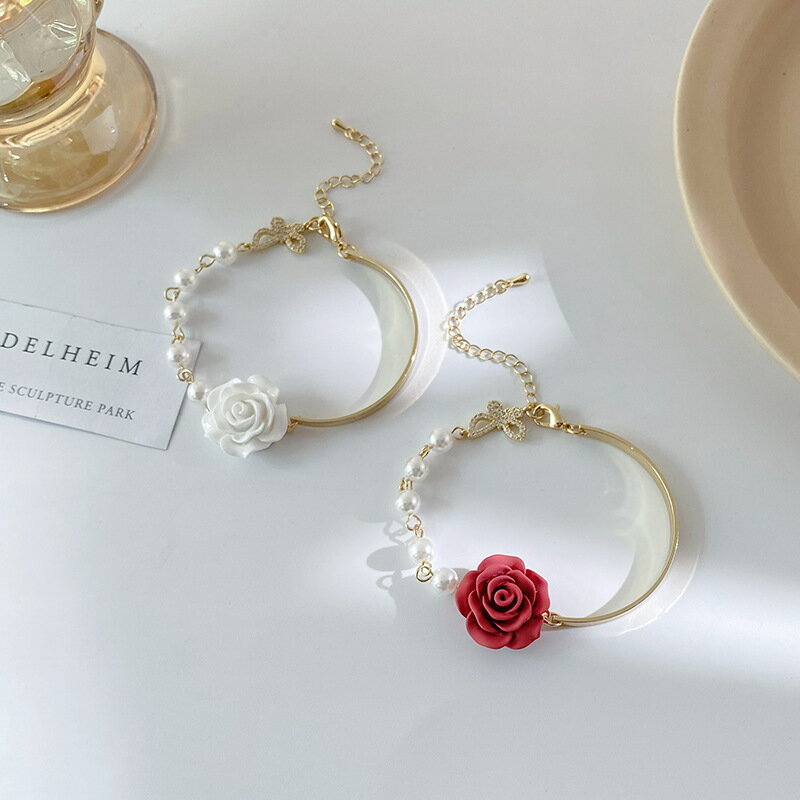 復古巴洛克玫瑰花朵珍珠蝴蝶拼接手鏈女ins2021新款時尚氣質手飾
